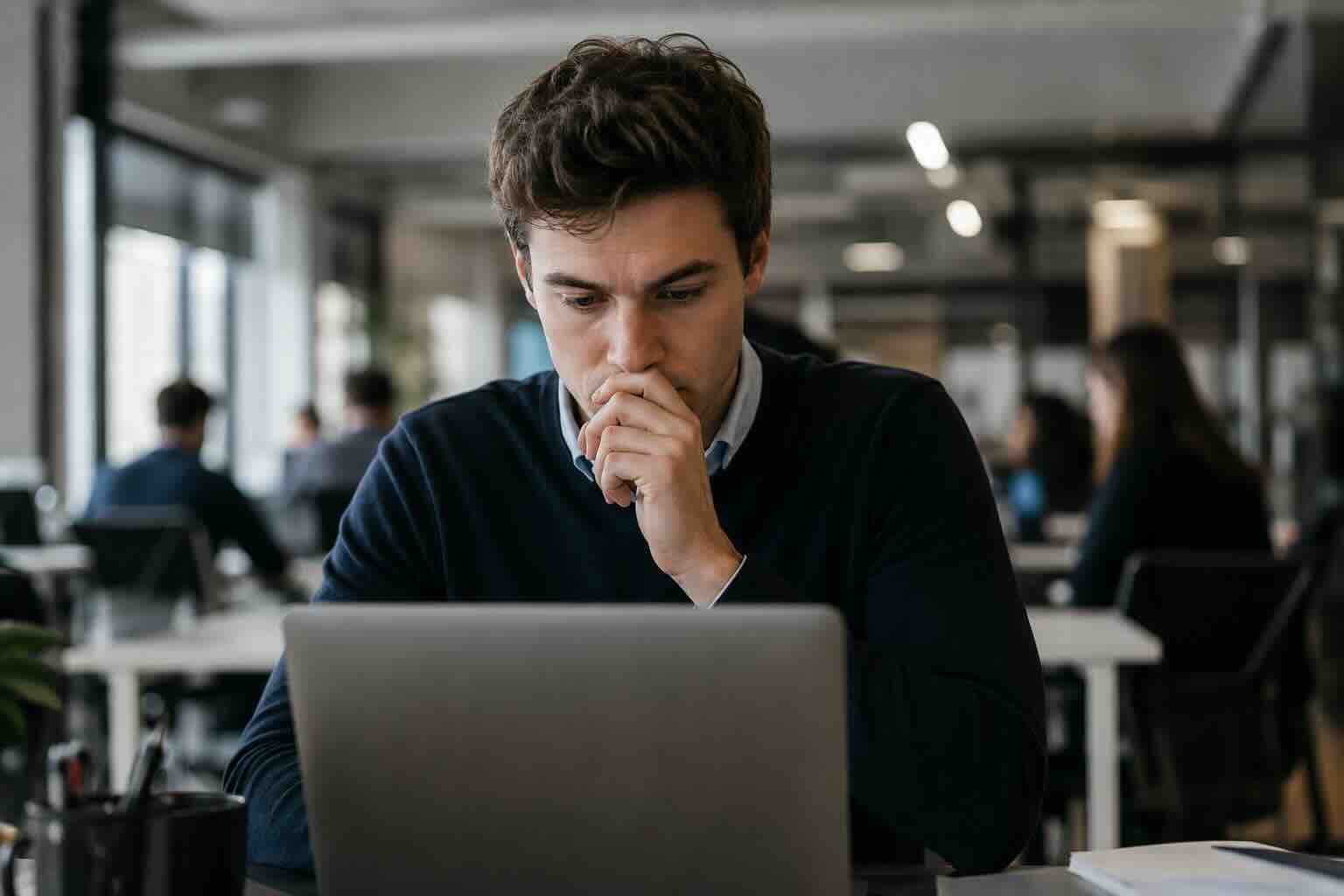 A capable young employee alone at his desk, quietly stuck